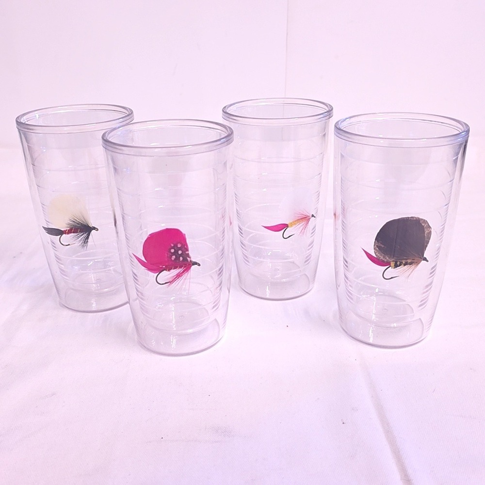 Tervis Tumbler Set of 4 Clear Fly Fishing Lure Insulated Glasses 16 oz Cabin